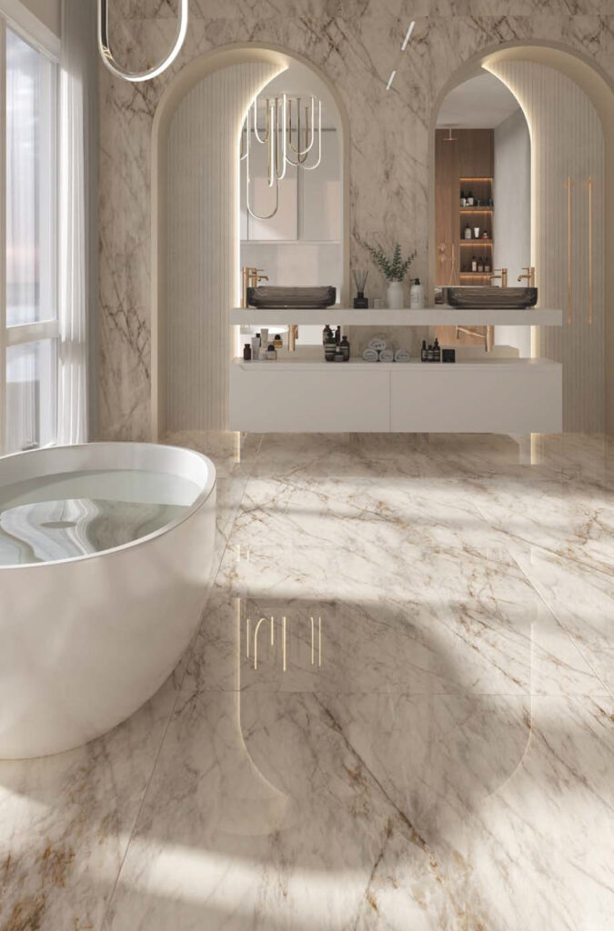 Modern bathroom with cream stone walls featuring dark gray veining