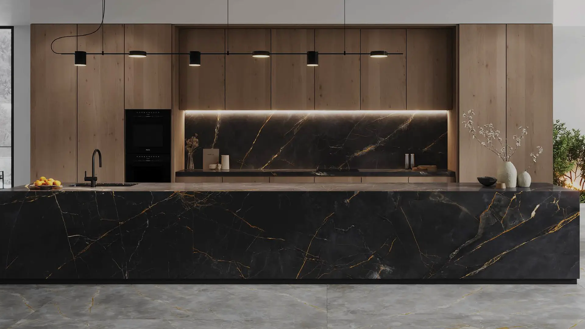 Kitchen with Black Slab Stone and wood and modern chandelier
